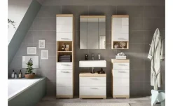 Badmöbel-Set SCHLOONSEE, 5 teilig, bestehend aus:  Hochschrank, WBU, Spiegelschrank, Unterschrank, Hängeschrank Schloonsee | Eiche Sonoma (Nachbildung), Weiß, hochglanz