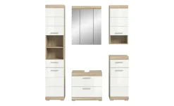 Badmöbel-Set SCHLOONSEE, 5 teilig, bestehend aus:  Hochschrank, WBU, Spiegelschrank, Unterschrank, Hängeschrank Schloonsee | Eiche Sonoma (Nachbildung), Weiß, hochglanz