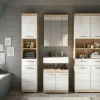 Badmöbel-Set SCHLOONSEE, 4 teilig, bestehend aus: Hochschrank schmal, WBU, Spiegelschrank, Hochschrank breit Schloonsee | Eiche Sonoma (Nachbildung), Weiß, hochglanz