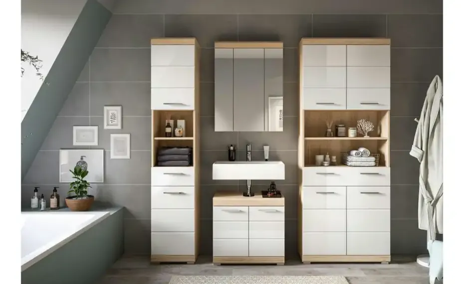 Badmöbel-Set SCHLOONSEE, 4 teilig, bestehend aus: Hochschrank schmal, WBU, Spiegelschrank, Hochschrank breit Schloonsee | Eiche Sonoma (Nachbildung), Weiß, hochglanz