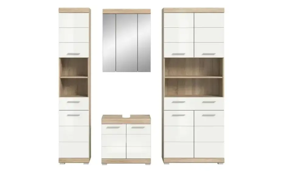 Badmöbel-Set SCHLOONSEE, 4 teilig, bestehend aus: Hochschrank schmal, WBU, Spiegelschrank, Hochschrank breit Schloonsee | Eiche Sonoma (Nachbildung), Weiß, hochglanz