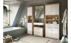 Badmöbel-Set SCHLOONSEE, 4 teilig, bestehend aus: Hochschrank schmal, WBU, Spiegelschrank, Hochschrank breit Schloonsee | Eiche Sonoma (Nachbildung), Weiß, hochglanz