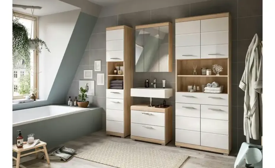 Badmöbel-Set SCHLOONSEE, 4 teilig, bestehend aus: Hochschrank schmal, WBU, Spiegelschrank, Hochschrank breit Schloonsee | Eiche Sonoma (Nachbildung), Weiß, hochglanz