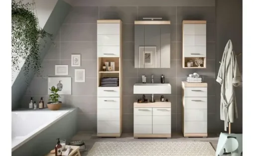 Badmöbel-Set SCHLOONSEE, 5 teilig, inklusive LED Beleuchtung, bestehend aus: Hochschrank, WBU, Spiegelschrank, Unterschrank, Hängeschrank Schloonsee | Eiche Sonoma (Nachbildung), Weiß, hochglanz