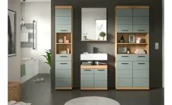 Badmöbel-Set SCHLOONSEE, 4 teilig, bestehend aus: Hochschrank, Waschbeckenunterschrank, Badspiegel, Hochschrank breit Schloonsee | Eiche Artisan (Nachbildung), Salbeigrün