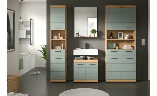Badmöbel-Set SCHLOONSEE, 4 teilig, bestehend aus: Hochschrank, Waschbeckenunterschrank, Badspiegel, Hochschrank breit Schloonsee | Eiche Artisan (Nachbildung), Salbeigrün