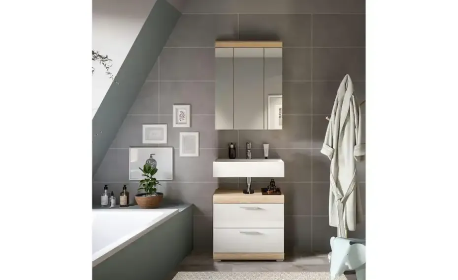 Badmöbel-Set SCHLOONSEE, 2 tlg., bestehend aus: Waschbeckenunterschrank, Spiegelschrank, in verschiedenen Farben erhältlich, Badmöbel, Kombination, Badezimmer Schloonsee | Eiche Sonoma (Nachbildung), Weiß, hochglanz