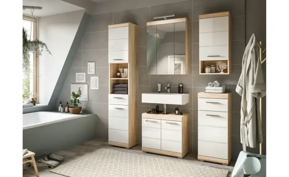 Badmöbel-Set SCHLOONSEE, 2 tlg., bestehend aus: Waschbeckenunterschrank, Spiegelschrank, in verschiedenen Farben erhältlich, Badmöbel, Kombination, Badezimmer Schloonsee | Eiche Sonoma (Nachbildung)