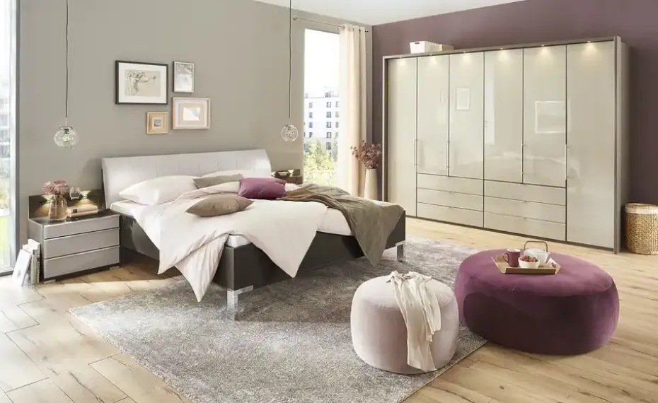 Bettanlage Beda | Taupe, Hellgrau, ohne Nachtschrankpaneel und LED-Beleuchtung