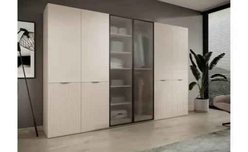 Drehtürenschrank Sandbox | ohne Beleuchtung, Beige, satiniert