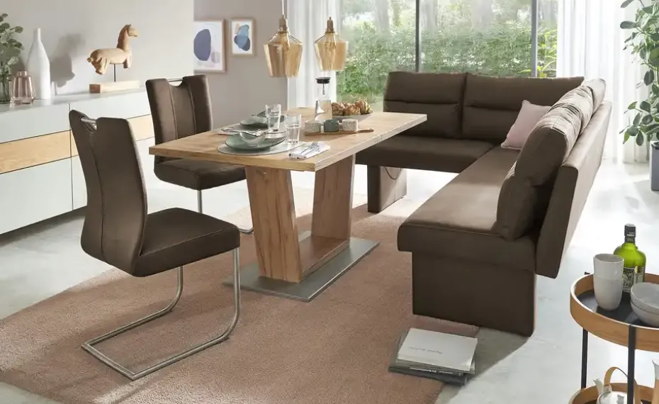 Esstisch ausziehbar Pina | Eiche (Nachbildung), Bodenplatte Edelstahl-Optik