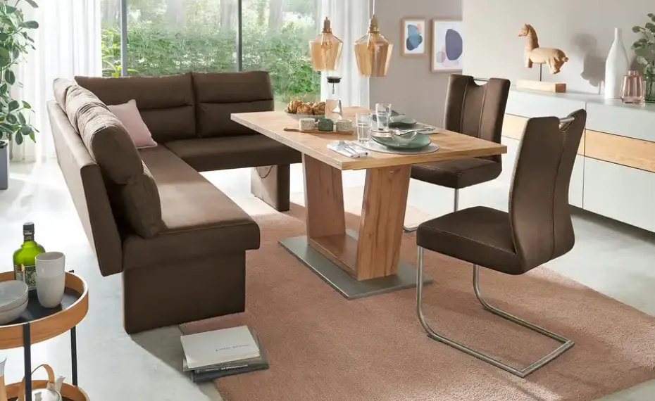 Esstisch ausziehbar Pina | Eiche (Nachbildung), Bodenplatte Edelstahl-Optik