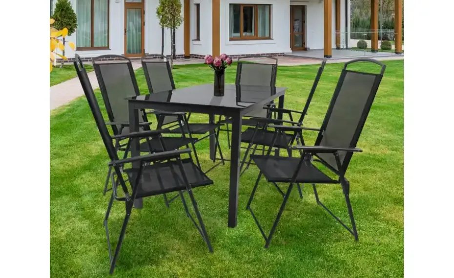 Gartenmöbel 7er-Set | Schwarzglas, Anthrazit, Schwarz