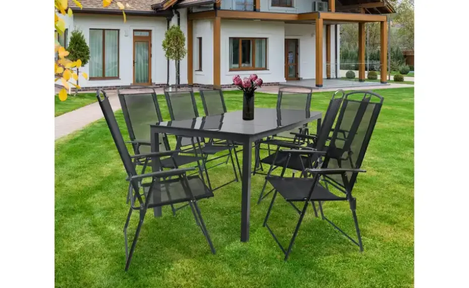 Gartenmöbel 9er-Set | Schwarzglas, Anthrazit, Schwarz