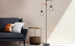 Globo Lighting Stehleuchte 2-flammig, Holz/ Metall Korb