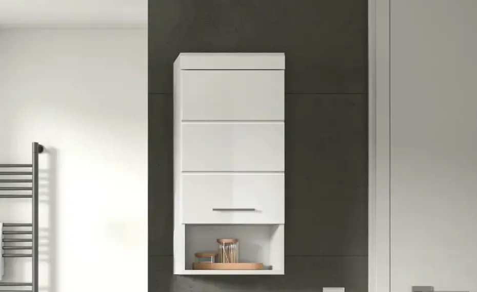 Hängeschrank SCHLOONSEE, Breite 37cm, 1 Tür, 1 offenes Fächer, 1 Einlegeboden, MDF-Front, in verschiedenen Farben erhältlich, Badmöbel, Badschrank, Schrank, Bad Schloonsee | Weiß, hochglanz