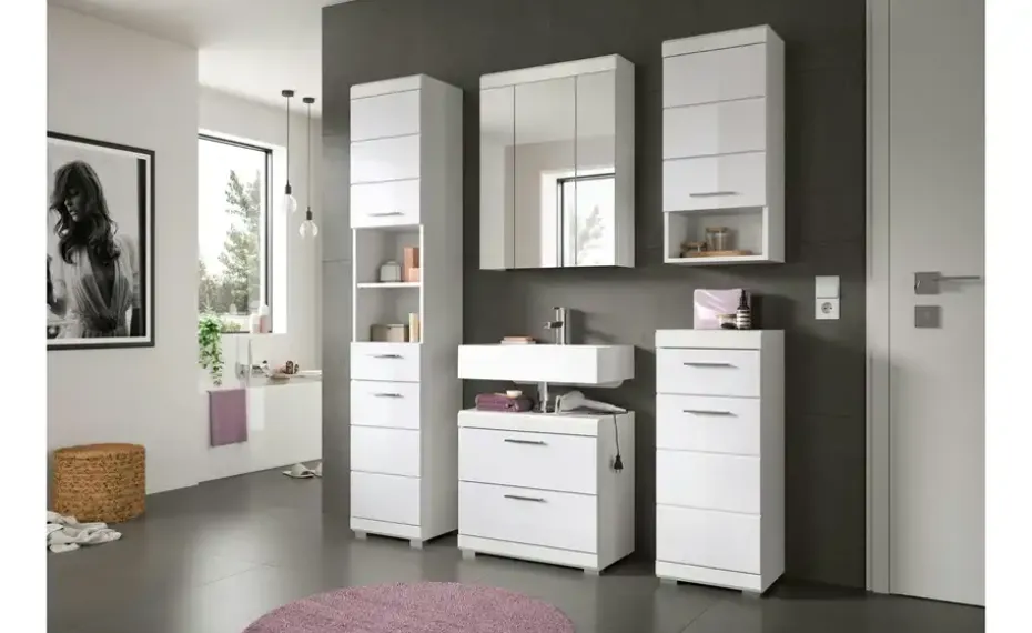 Hängeschrank SCHLOONSEE, Breite 37cm, 1 Tür, 1 offenes Fächer, 1 Einlegeboden, MDF-Front, in verschiedenen Farben erhältlich, Badmöbel, Badschrank, Schrank, Bad Schloonsee | Weiß, hochglanz