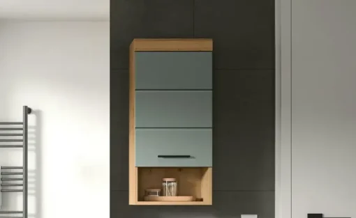 Hängeschrank SCHLOONSEE, Breite 37cm, 1 Tür, 1 offenes Fächer, 1 Einlegeboden, MDF-Front, in verschiedenen Farben erhältlich, Badmöbel, Badschrank, Schrank, Bad Schloonsee | Eiche Artisan (Nachbildung), Salbeigrün