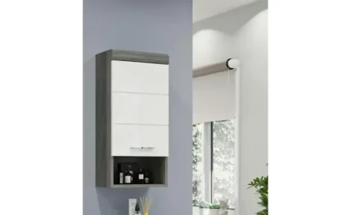 Hängeschrank SCHLOONSEE, Breite 37cm, 1 Tür, 1 offenes Fächer, 1 Einlegeboden, MDF-Front, in verschiedenen Farben erhältlich, Badmöbel, Badschrank, Schrank, Bad Schloonsee | hochglanz