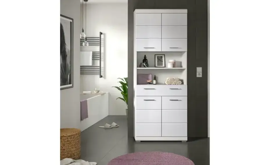 Hochschrank SCHLOONSEE, Breite 74cm, 4 Türen, 1 Schubkasten, 2 offene Fächer, MDF-Front, in verschiedenen Farben erhältlich, Badmöbel, Badschrank, Schrank, Bad Schloonsee | Weiß, hochglanz