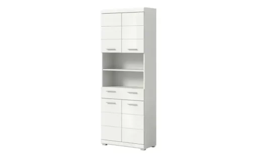 Hochschrank SCHLOONSEE, Breite 74cm, 4 Türen, 1 Schubkasten, 2 offene Fächer, MDF-Front, in verschiedenen Farben erhältlich, Badmöbel, Badschrank, Schrank, Bad Schloonsee | Weiß, hochglanz