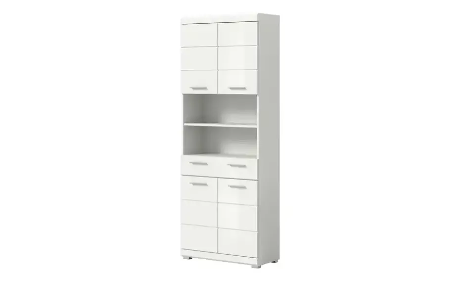 Hochschrank SCHLOONSEE, Breite 74cm, 4 Türen, 1 Schubkasten, 2 offene Fächer, MDF-Front, in verschiedenen Farben erhältlich, Badmöbel, Badschrank, Schrank, Bad Schloonsee | Weiß, hochglanz