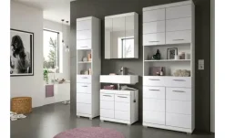 Hochschrank SCHLOONSEE, Breite 74cm, 4 Türen, 1 Schubkasten, 2 offene Fächer, MDF-Front, in verschiedenen Farben erhältlich, Badmöbel, Badschrank, Schrank, Bad Schloonsee | Weiß, hochglanz