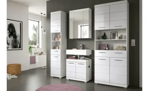 Hochschrank SCHLOONSEE, Breite 74cm, 4 Türen, 1 Schubkasten, 2 offene Fächer, MDF-Front, in verschiedenen Farben erhältlich, Badmöbel, Badschrank, Schrank, Bad Schloonsee | Weiß, hochglanz