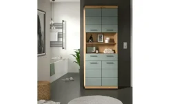 Hochschrank SCHLOONSEE, Breite 74cm, 4 Türen, 1 Schubkasten, 2 offene Fächer, MDF-Front, in verschiedenen Farben erhältlich, Badmöbel, Badschrank, Schrank, Bad Schloonsee | Eiche Artisan (Nachbildung), Salbeigrün