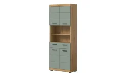 Hochschrank SCHLOONSEE, Breite 74cm, 4 Türen, 1 Schubkasten, 2 offene Fächer, MDF-Front, in verschiedenen Farben erhältlich, Badmöbel, Badschrank, Schrank, Bad Schloonsee | Eiche Artisan (Nachbildung), Salbeigrün