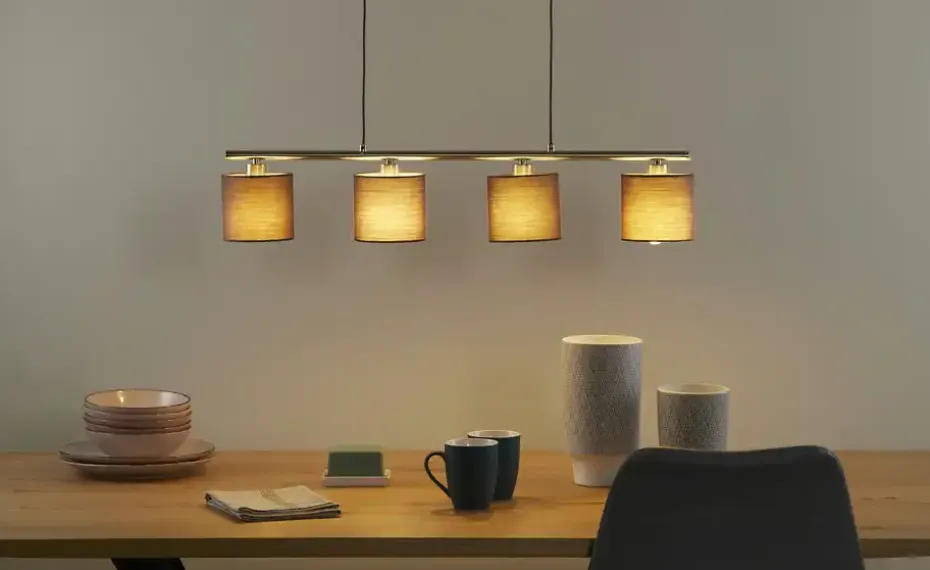 KHG Pendelleuchte, 4-flammig, Nickel matt, Stoffschirme grau