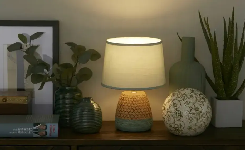 levelone Keramik-Tischleuchte, 1-flammig, türkis mit Seil | Weiß