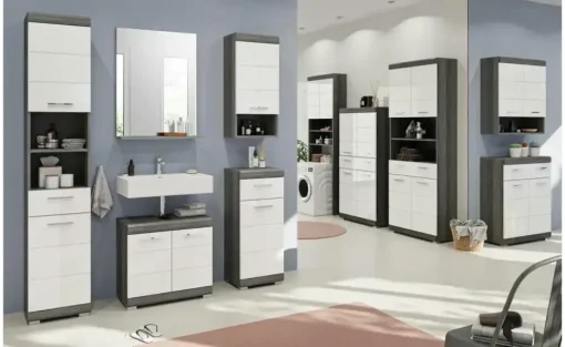 Midischrank SCHLOONSEE, Breite 74cm, 4 Türen, 1 Schubkasten, 4 Fächer, MDF-Front, in verschiedenen Farben erhältlich, Badmöbel, Badschrank, Schrank, Bad Schloonsee | Weiß