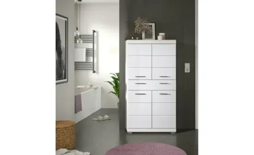 Midischrank SCHLOONSEE, Breite 74cm, 4 Türen, 1 Schubkasten, 4 Fächer, MDF-Front, in verschiedenen Farben erhältlich, Badmöbel, Badschrank, Schrank, Bad Schloonsee | Weiß, hochglanz