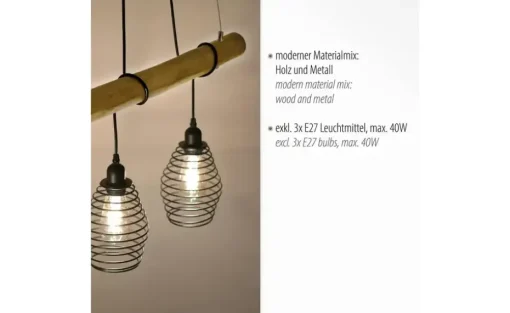 Paul Neuhaus Pendelleuchte, 3-flammig, Eukalyptus-Holz/ Metall