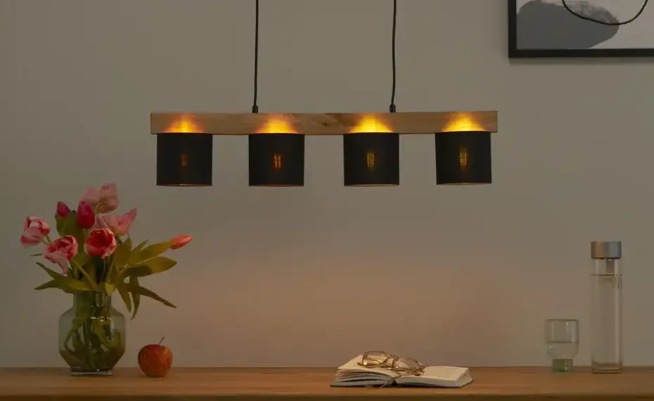 Pendelleuchte, 4-flammig, Holz/ Stoffschirm schwarz/goldfarben | Schwarz