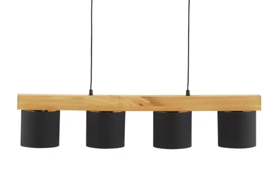 Pendelleuchte, 4-flammig, Holz/ Stoffschirm schwarz/goldfarben | Schwarz