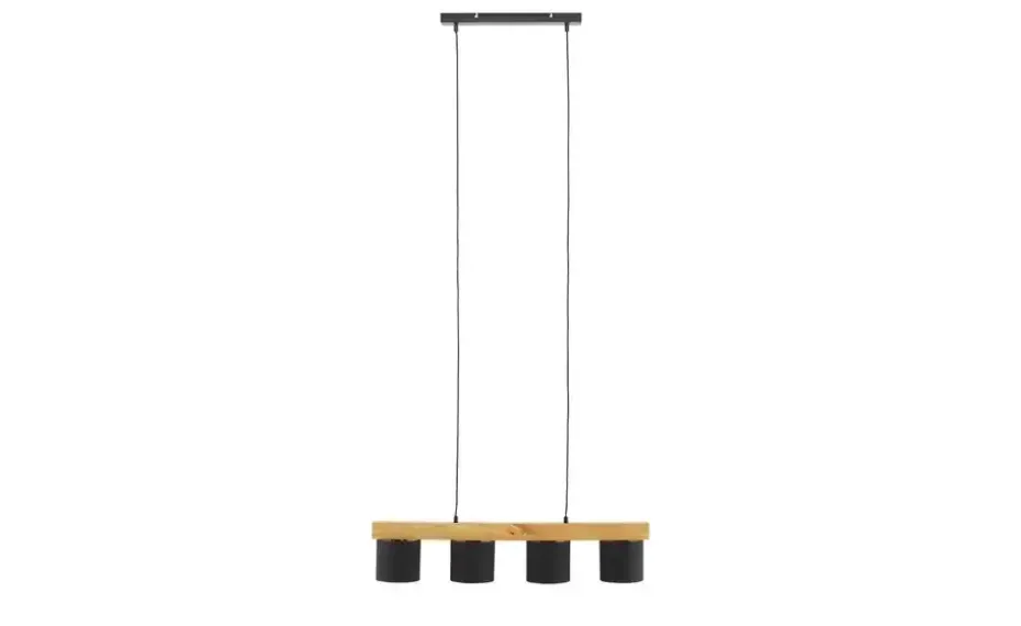 Pendelleuchte, 4-flammig, Holz/ Stoffschirm schwarz/goldfarben | Schwarz
