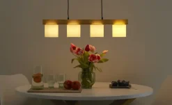 Pendelleuchte, 4-flammig, Holz/ Stoffschirm weiß | Weiß