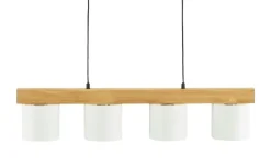 Pendelleuchte, 4-flammig, Holz/ Stoffschirm weiß | Weiß