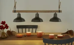 Pendelleuchte, 3-flammig, schwarz/Holz mit Tau | Schwarz, matt