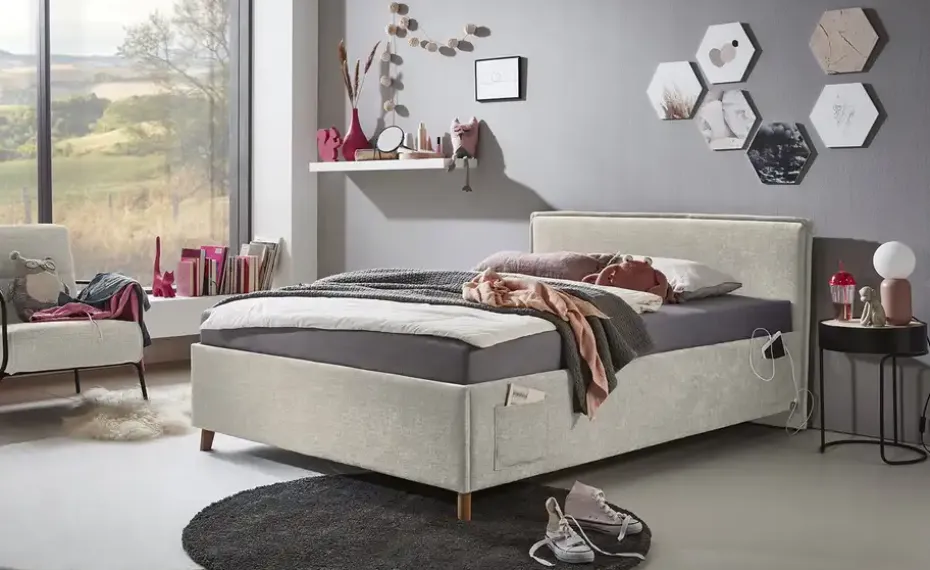 Polsterbettgestell mit trendiger Kederumrahmung Fun | Beige, Ohne Rückenteil