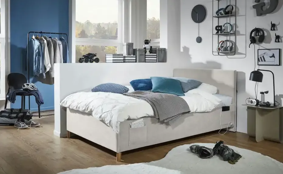 Polsterbettgestell mit USB-Anschluss Cool | Beige, Ohne Rückenteil