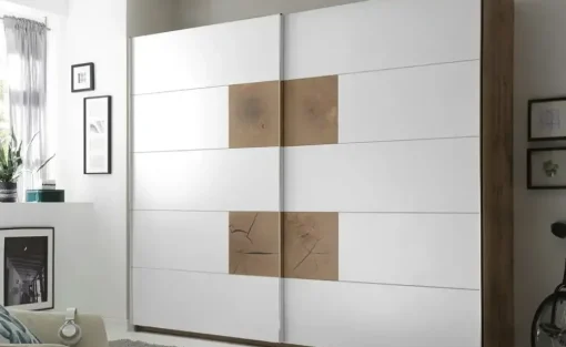Schwebetürenschrank Rugby | Weiß, Wildeiche (Nachbildung)