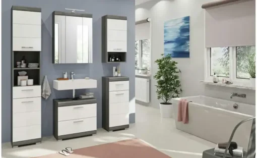 Spiegelschrank SCHLOONSEE, Breite 60cm, inkl. Beleuchtung, 3 Spiegeltüren, 9 Fächer in verschiedenen Farben erhältlich, Badmöbel, Spiegel, Badschrank, Bad Schloonsee | Silbergrau