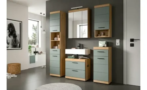 Spiegelschrank SCHLOONSEE, Breite 60cm, inkl. Beleuchtung, 3 Spiegeltüren, 9 Fächer in verschiedenen Farben erhältlich, Badmöbel, Spiegel, Badschrank, Bad Schloonsee | Eiche Artisan (Nachbildung)