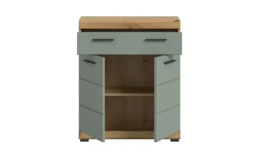 Unterschrank SCHLOONSEE, Breite 74cm, 2 Tür, 1 Schubkasten, 2 Fächer, MDF-Front in verschiedenen Farben erhältlich, Badmöbel, Badschrank, Kommode, Bad Schloonsee | Eiche Artisan (Nachbildung), Salbeigrün