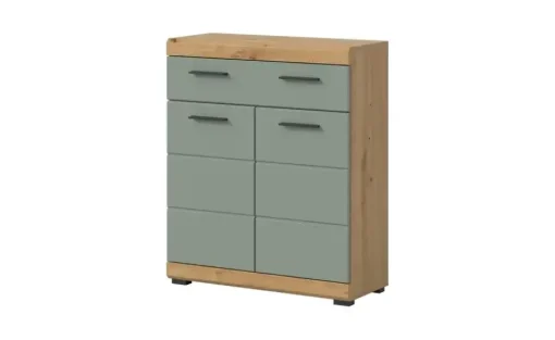 Unterschrank SCHLOONSEE, Breite 74cm, 2 Tür, 1 Schubkasten, 2 Fächer, MDF-Front in verschiedenen Farben erhältlich, Badmöbel, Badschrank, Kommode, Bad Schloonsee | Eiche Artisan (Nachbildung), Salbeigrün