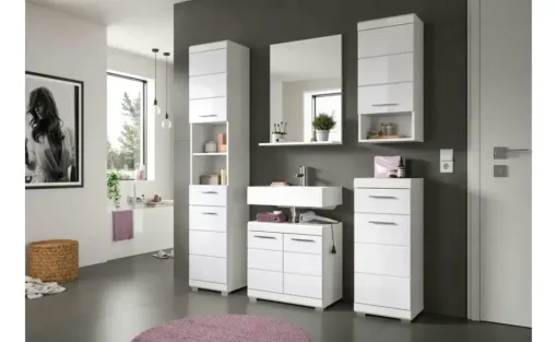 Waschbeckenunterschrank SCHLOONSEE, Breite 60cm, 2 Tür, 2 Fächer, mit Siphonausschnitt, MDF-Front in verschiedenen Farben erhältlich, Badmöbel, Badschrank, Kommode, Bad Schloonsee | Weiß, hochglanz