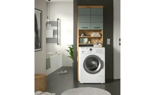 Waschmaschinenumbauschrank SCHLOONSEE, Breite 63cm, für Waschmaschine & Trockner, 2 Türen, MDF-Front, in verschiedenen Farben, Überbauschrank, Umbauschrank, Badschrank Schloonsee | Eiche Artisan (Nachbildung), Salbeigrün
